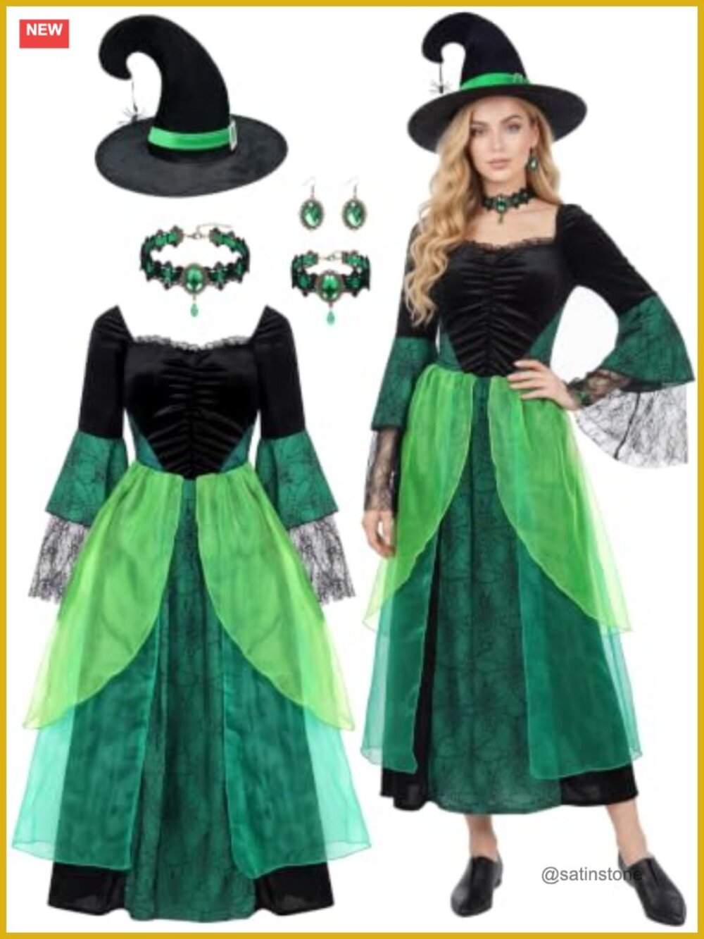 5 PC Halloween Witch Costume Set Long Dress Hat & Jewelry